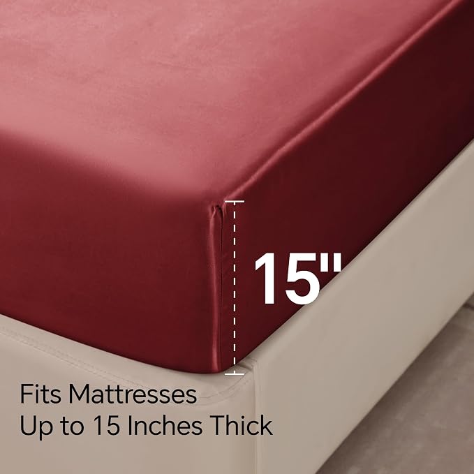BEDELITE Satin Sheets Twin Size Bed Set, Luxury Soft Burgundy Silky Sheets - Image 6