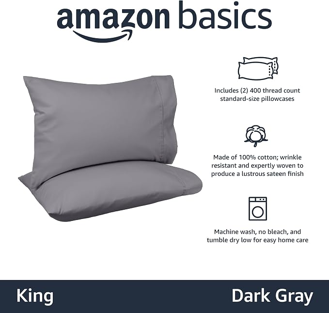 Amazon Basics 400 Thread Count 100% Cotton Pillow Cases, Sateen Weave, Dark Gray - Image 2