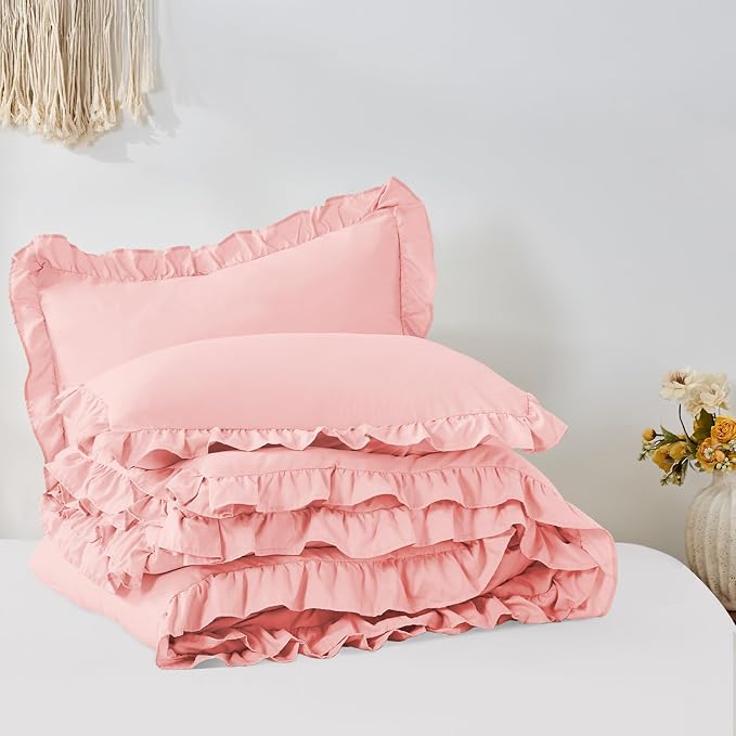 FUANNA Pink Queen Comforter Set, 3 Pieces Ruffle Queen Bed Set, Fluffy Bed in a - Image 9