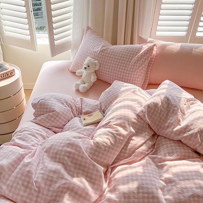 Nayoroom Gingham Duvet Cover Twin Size Pink White Plaid Checkered Comforter - Image 4