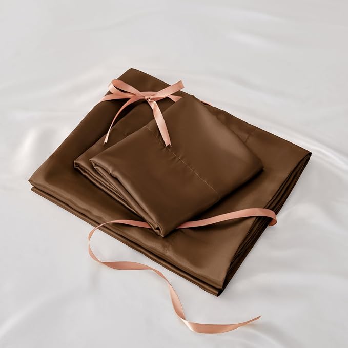 BEDELITE Satin Sheets Twin XL Size Bed Set, Luxury Soft Brown Silky Sheets - Image 7