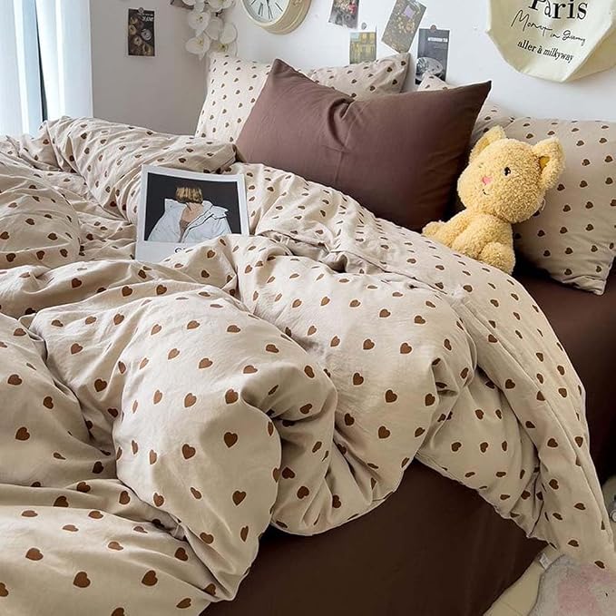 Nayoroom Brown Heart Duvet Cover King Size Vintage Hearts Printed on Taupe by Nayoroom