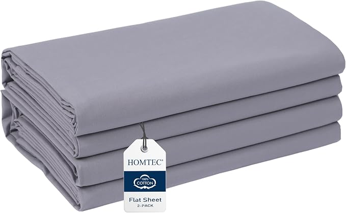 California King Size Flat Sheet 2 Pack, 100% Cotton Percale Flat Bed Sheet by HOMTEC