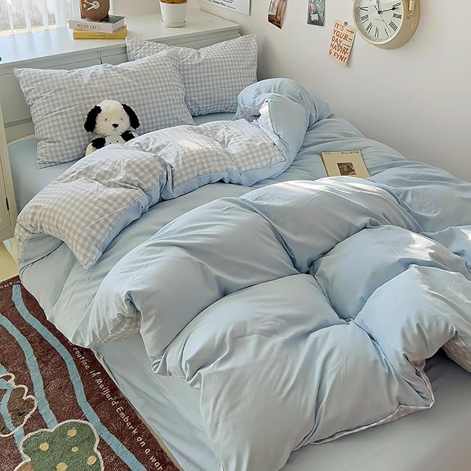 Nayoroom Blue Gingham Duvet Cover Queen Size Reversible Plaid Checkered Duvet - Image 5