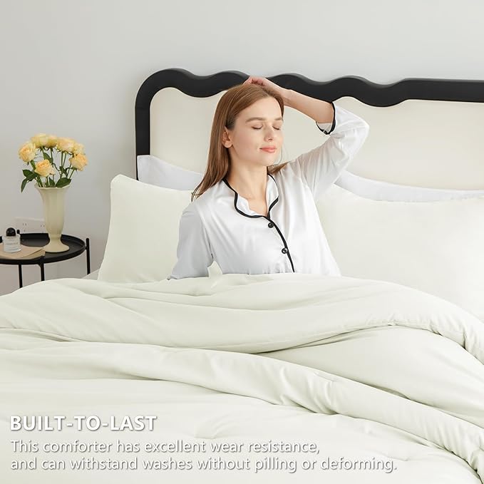 CozyLux Full Size Comforter Set Ivory, 3 Pieces Solid Breathable Quilted - Image 3