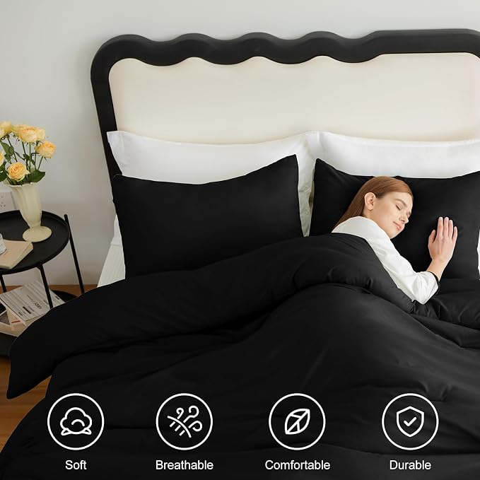 CozyLux Comforter Full Size Set Black, 3 Pieces Solid Lightweight Soft Bed Set - Image 4