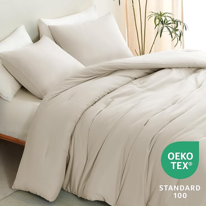 CozyLux Full Size Comforter Set Oatmeal, 3 Pieces Solid Breathable Quilted - Image 4