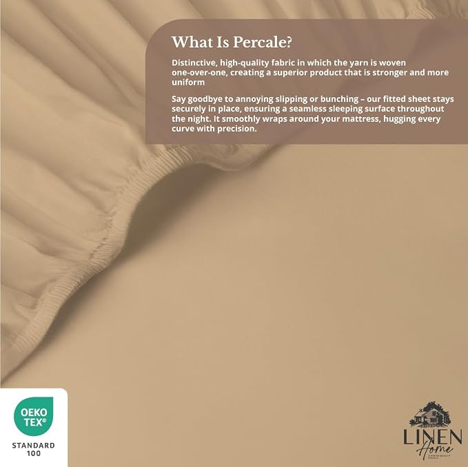 Linen Home 100% Cotton Percale Weave Fitted Sheet, Full Size, Light Taupe - Image 4