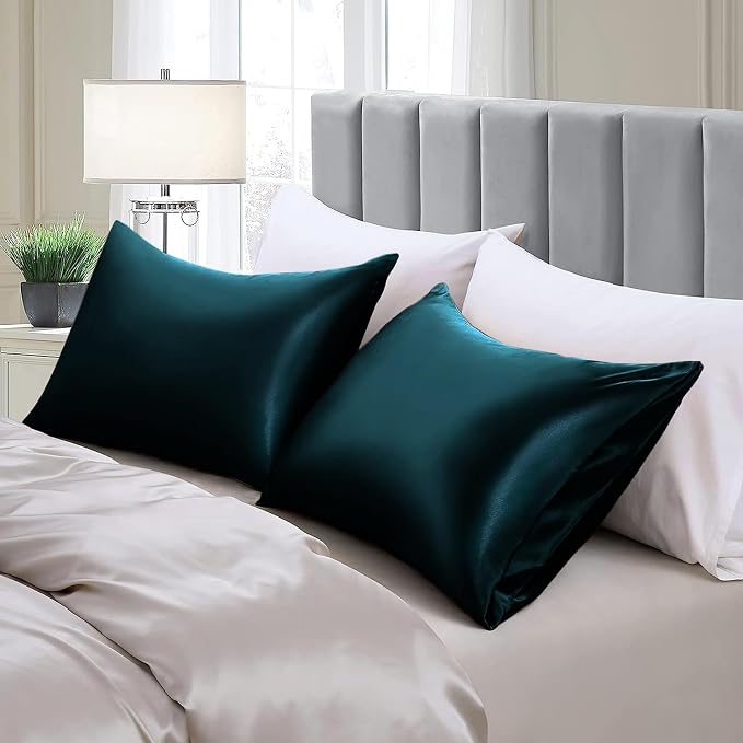 Aormenzy Satin Pillow Cases for Women Standard Size Set of 2, Dark Teal Satin - Image 5