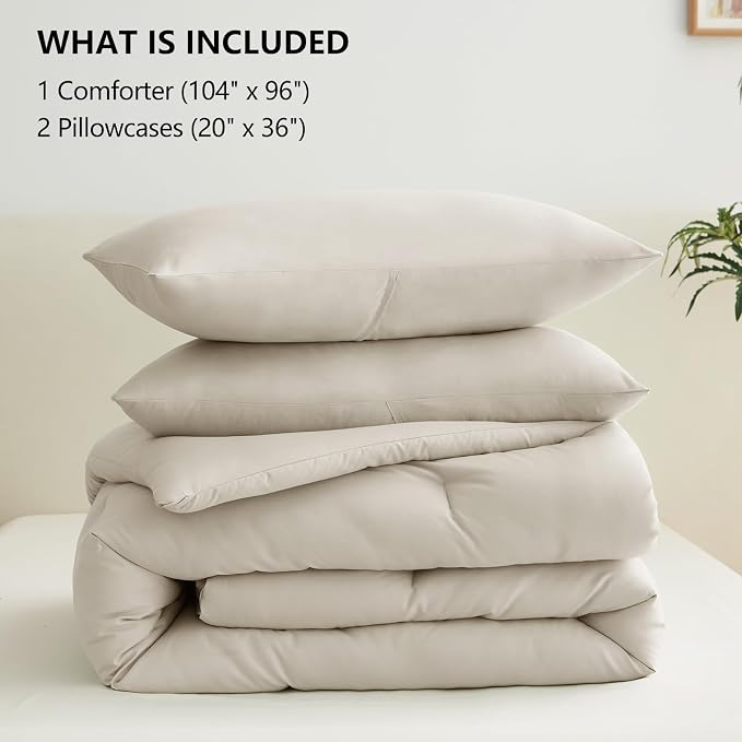 CozyLux California King Comforter Set Beige, 3 Pieces Cal King Solid Breathable - Image 7