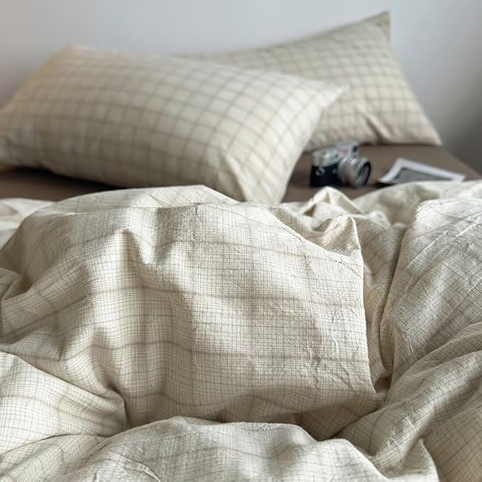 PinkMemory Beige Gingham Duvet Cover Bedding King 100% Washed Cotton Vintage - Image 4