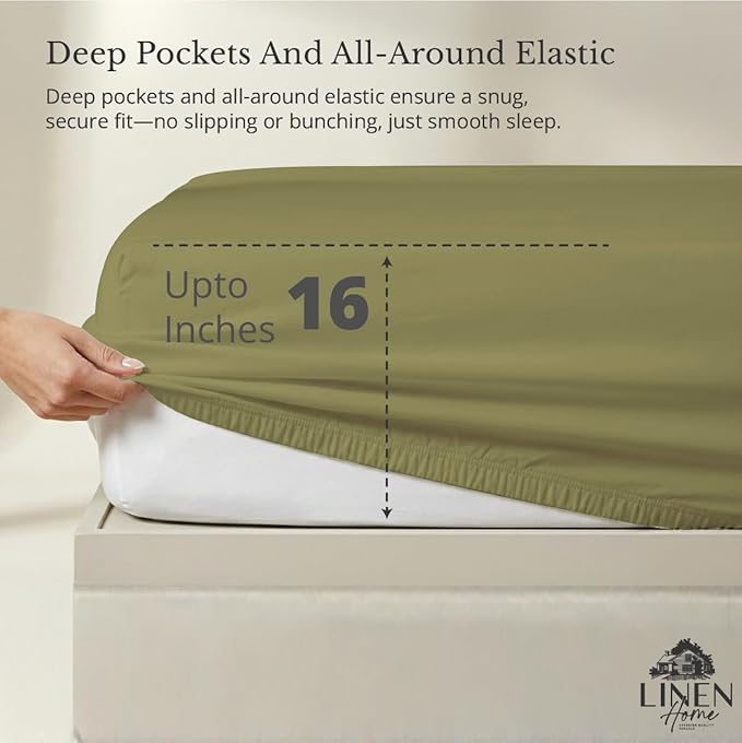 Linen Home 100% Cotton Percale Weave Fitted Sheet, Full Size, Oil Green - Image 2