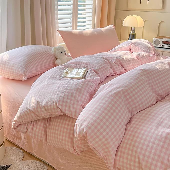 Nayoroom Gingham Duvet Cover King Size Pink White Plaid Checkered Comforter - Image 2