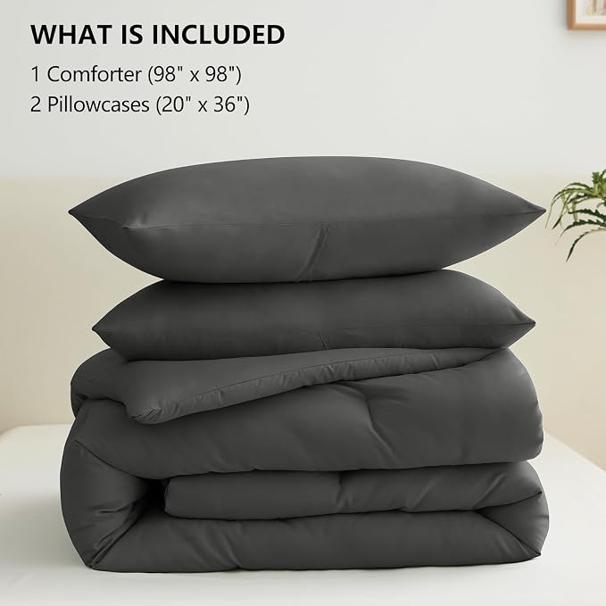 CozyLux Oversized Queen Comforter Set Dark Grey, 3 Pieces 98x98 Solid - Image 6