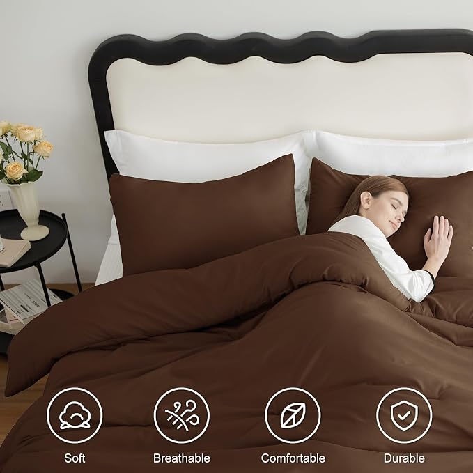 CozyLux Queen Comforter Set Brown, 3 Pieces Solid Comforters Queen Size - Image 5