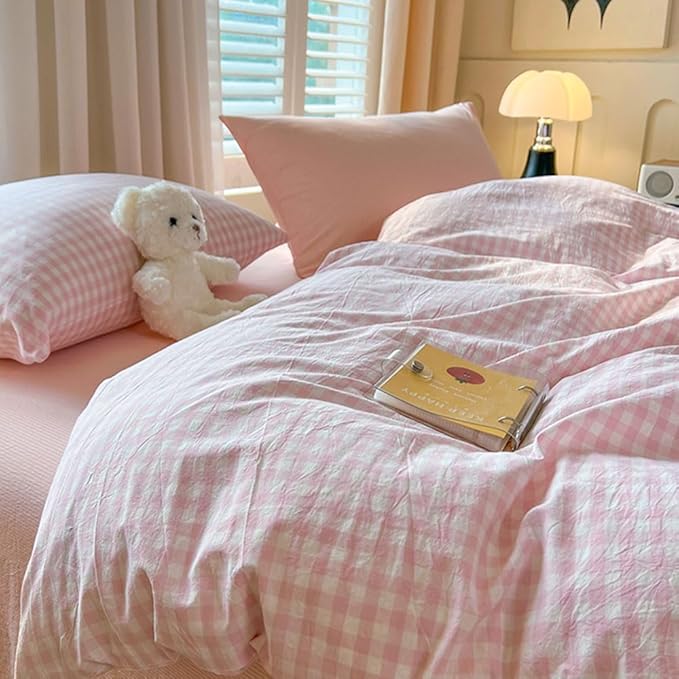 Nayoroom Gingham Duvet Cover Oversized King Pink White Plaid Checkered - Image 5