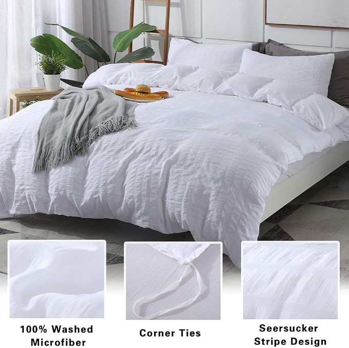 AveLom White Duvet Cover Queen， 3 Pieces Stripe Zipper Closure Corner Ties Soft - Image 2