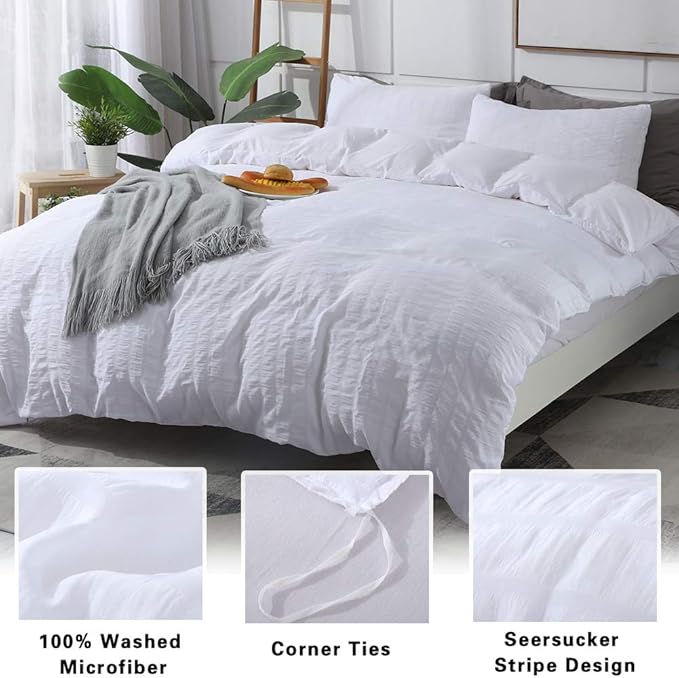 AveLom Seersucker Stripe Duvet Cover Full, 3 Pieces White Zipper Closure Corner - Image 2