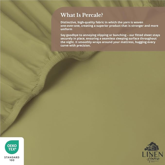 Linen Home 100% Cotton Percale Weave Fitted Sheet, Queen Size, Oil Green - Image 4