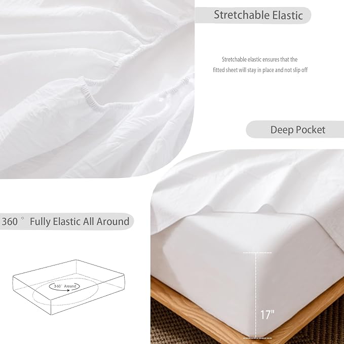 MooMee Fitted Bottom Sheet Only 100% Washed Cotton Linen Like Breathable - Image 6