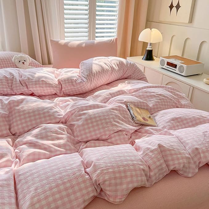 Nayoroom Gingham Duvet Cover Full Size Pink White Plaid Checkered Comforter - Image 4