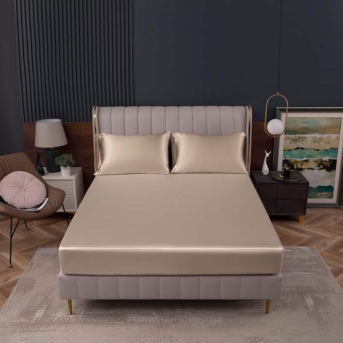 Homiest Taupe Satin Fitted Sheet Queen Size, Deep Pocket, Luxury & Ultra Soft - Image 2