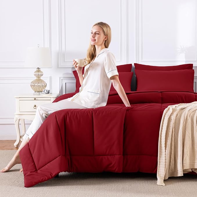 CozyLux King Size Comforter Set Dark Red, 7 Pieces Bed in a Bag, All Season - Image 7