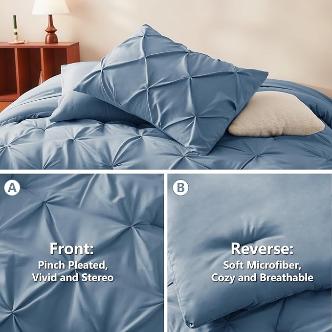 HIMEET Pintuck Bed in a Bag, 7 Pieces Full Size Comforter Set Grayish Blue - Image 3