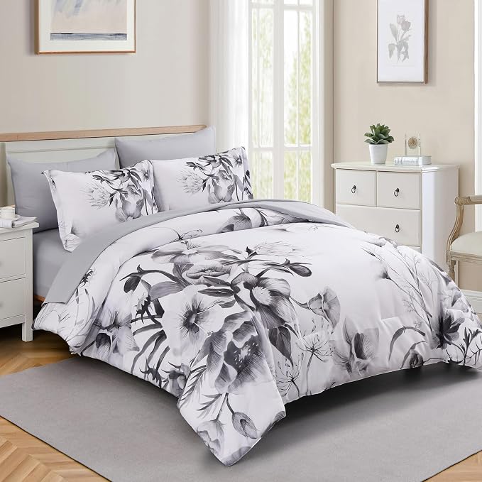 Luxudecor Floral Comforter Set Full Size 7 Piece, Elegant Ink Comforter Bedding - Image 2