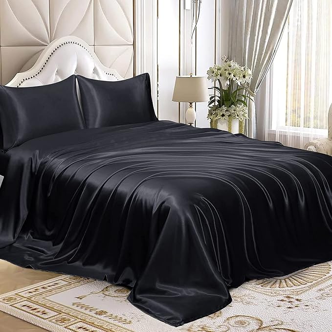 Homiest Black Satin King Flat Sheet, Silky Bedding Top Sheet - Image 4