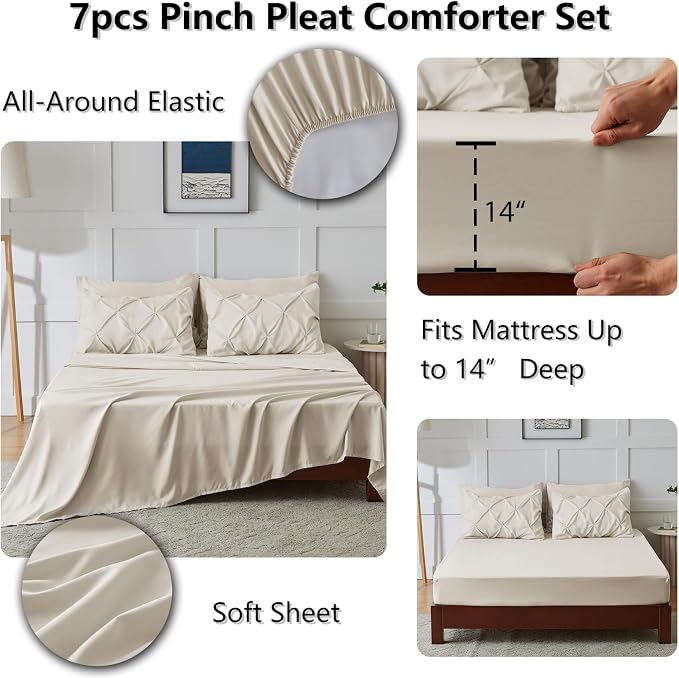 CozyLux Queen Comforter Set Beige, 7 Pieces Pintuck Bed in A Bag, Premium Beige - Image 6