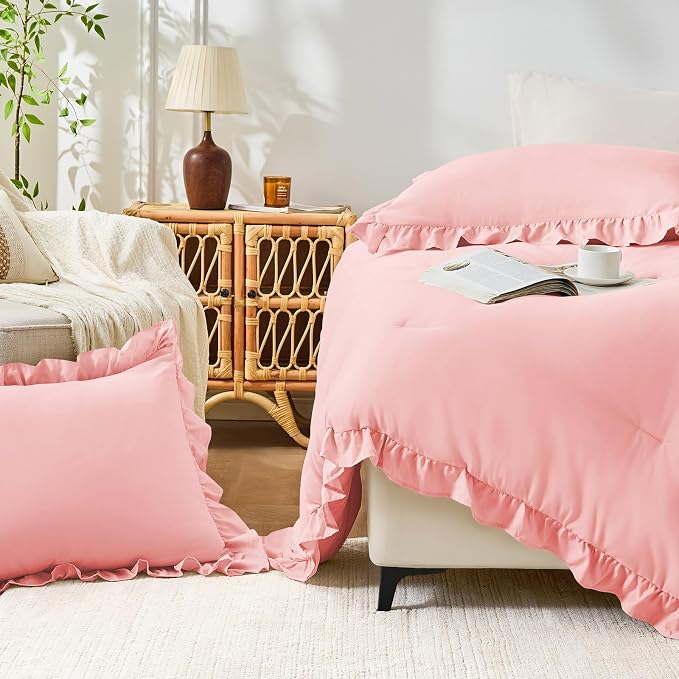 FUANNA Twin Comforter Set Pink, 2 Pieces Ruffle Twin Bed Set, Fluffy Twin - Image 8