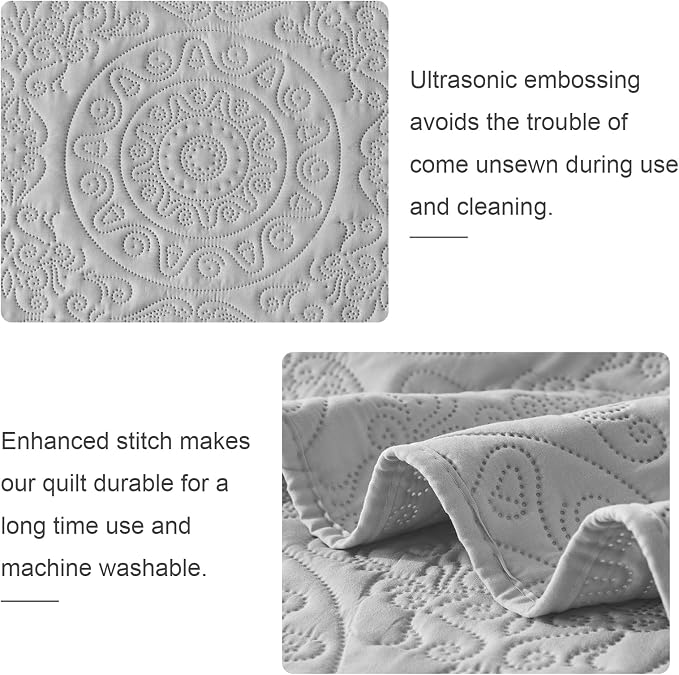 WURUIBO Light Gray Quilt Set Twin Size, Embossing Microfiber Bedspreads - Image 4