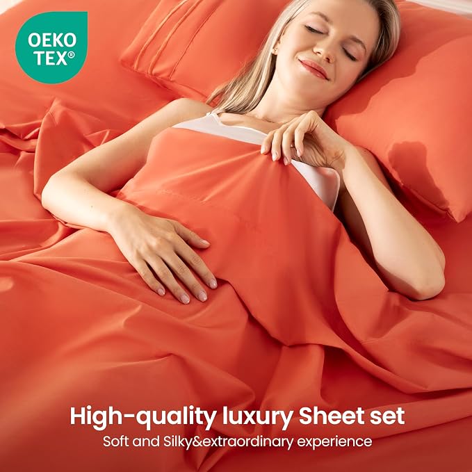 ROSE&RISY Orange Red King Sheet Set, 4 Pieces Soft Bedding King Sheet Set - Image 2