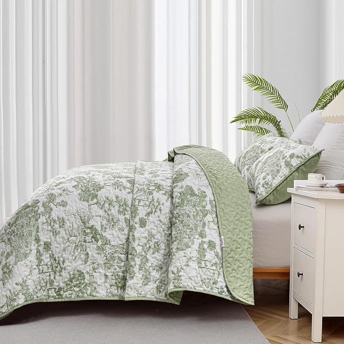 WONGS BEDDING Botanical Quilt Set Twin Size, Sage Green 3 Pieces Toile Floral - Image 4