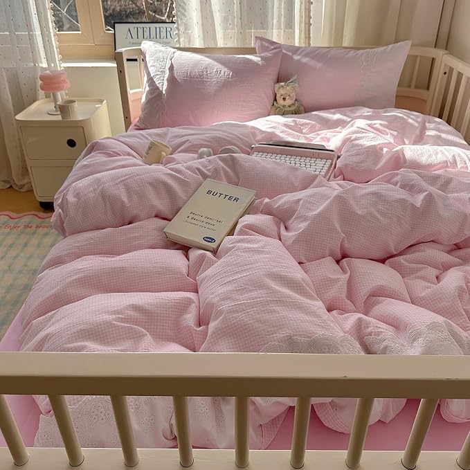 mixinni Pink White Gingham Duvet Cover Twin XL Size - Image 4