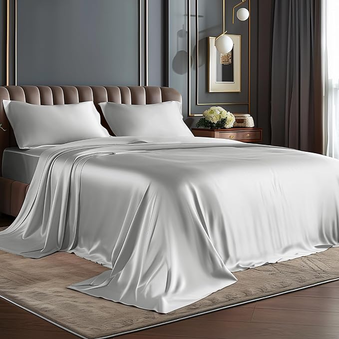 BEDELITE Satin Sheets Twin Size Bed Set, Luxury Soft Grey Silky Sheets by BEDELITE