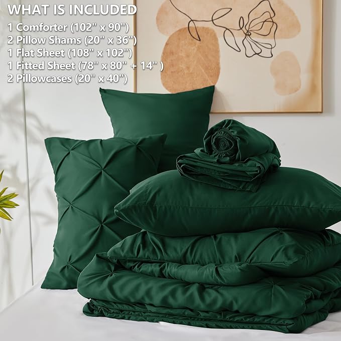 CozyLux King Size Comforter Set Emerald Green, 7 Pieces Pintuck Bed in A Bag - Image 7