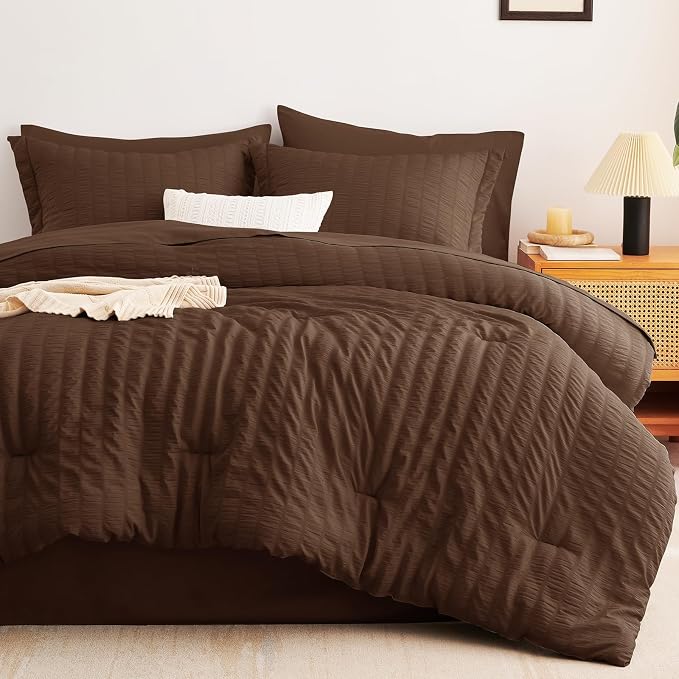 CozyLux Queen Comforter Set Brown Seersucker 7 Pieces Bed in a Bag Queen - Image 9