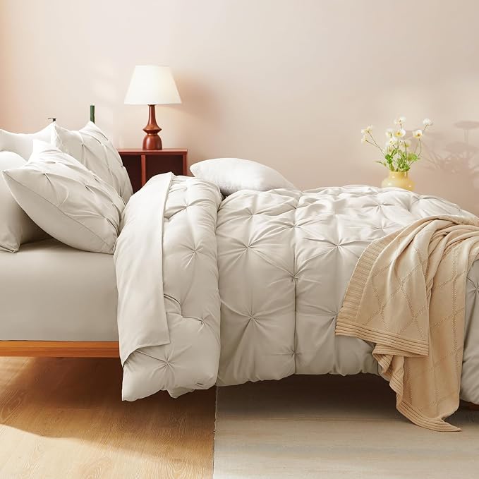 HIMEET Pintuck Bed in a Bag, 5 Pieces Twin XL Comforter Set Beige, Extra Long - Image 8