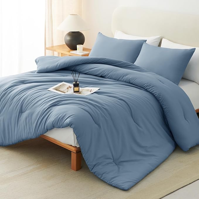 CozyLux Grayish Blue Full Size Comforter Set, 3 Pieces Dusty Blue Solid by CozyLux
