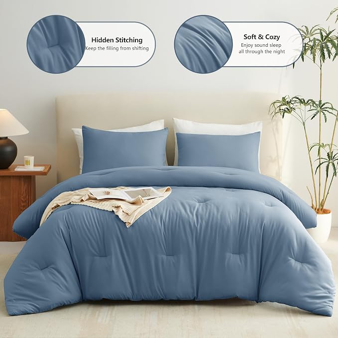 CozyLux California King Comforter Set Grayish Blue, 3 Pieces Cal King Solid - Image 2