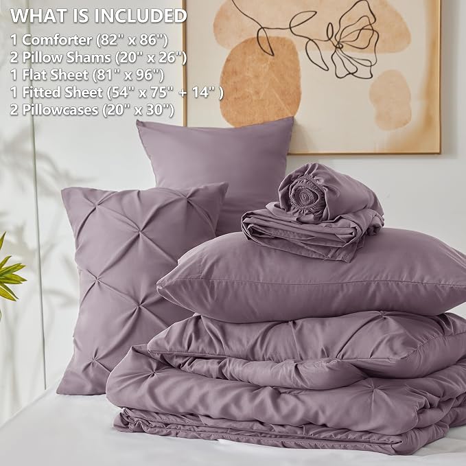 HIMEET Pintuck Bed in a Bag, 7 Pieces Full Size Comforter Set Dusty Purple - Image 8