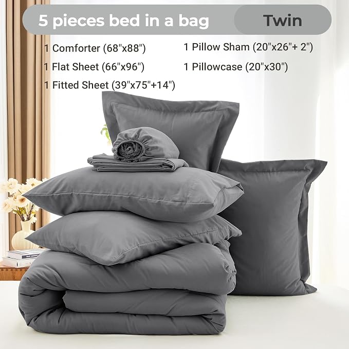 MUXHOMO 5 Pieces Twin Comforter Set, Soft Bed in a Bag Twin Size, All Season - Image 4