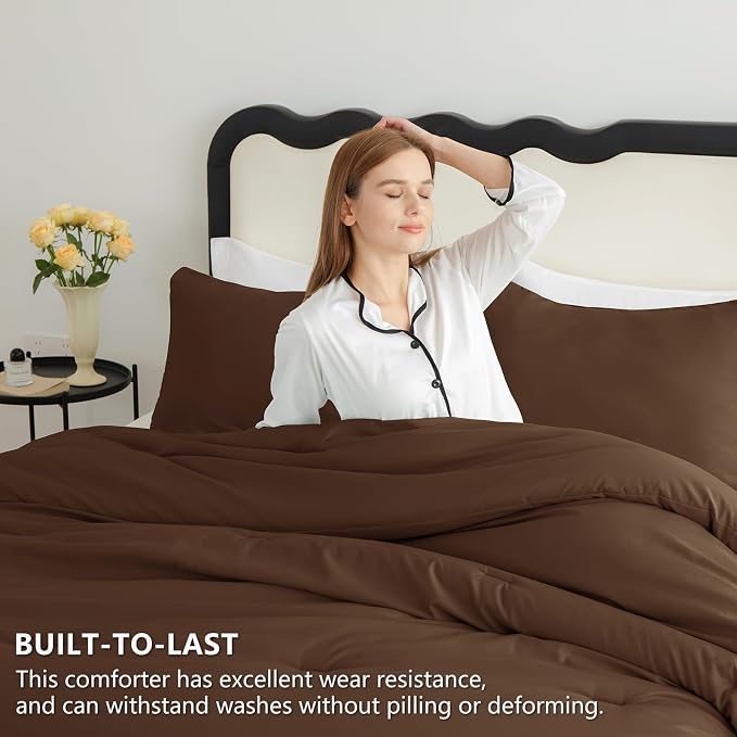 CozyLux Oversized King Comforter Set Brown, 3 Pieces 120x98 Solid Breathable - Image 3