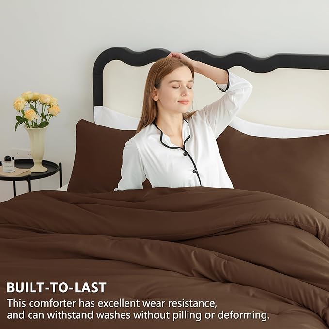 CozyLux Full Size Comforter Set Brown, 3 Pieces Solid Breathable Quilted - Image 3