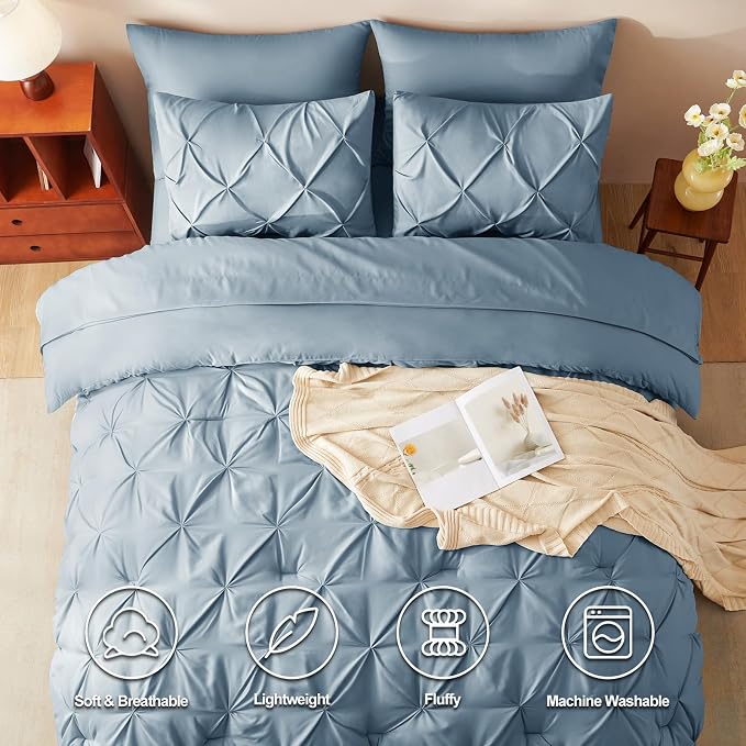 CozyLux Full Size Comforter Sets Mineral Blue, 7 Pieces Pintuck Bed in A Bag - Image 2