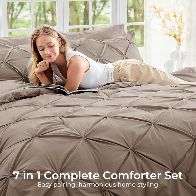 Sasttie California King Comforter Set, 7-Piece Bed in a Bag, Pintuck Bedding - Image 6