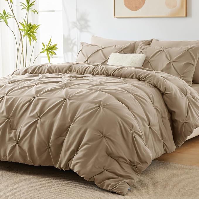 CozyLux Queen Comforter Set Taupe, 7 Pieces Pintuck Bed in A Bag, Premium Taupe - Image 7