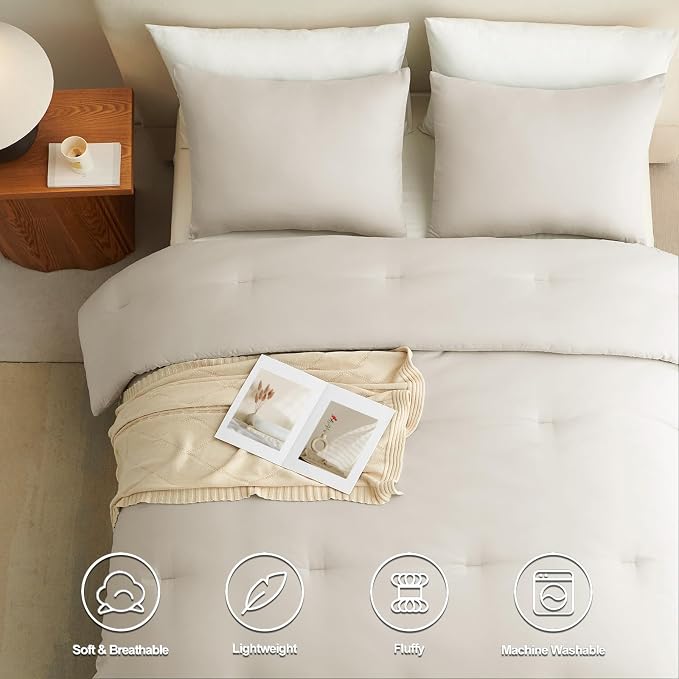 CozyLux Beige King Size Comforter Set, 3 Pieces Solid Breathable Quilted Style - Image 4